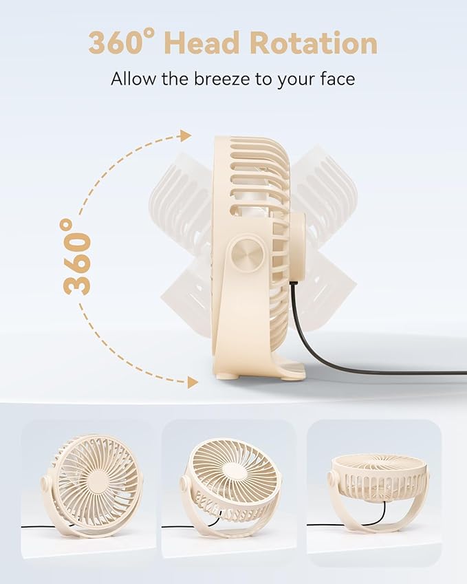 Edvision USB Desk Fan, 5 Inch Mini Portable, 3 Speeds Strong Airflow Personal Desktop, Detachable Cooling Fan 360° Rotation Quiet Small Fan for Desk Home Office Travel Car, Beige, 5ft Cable