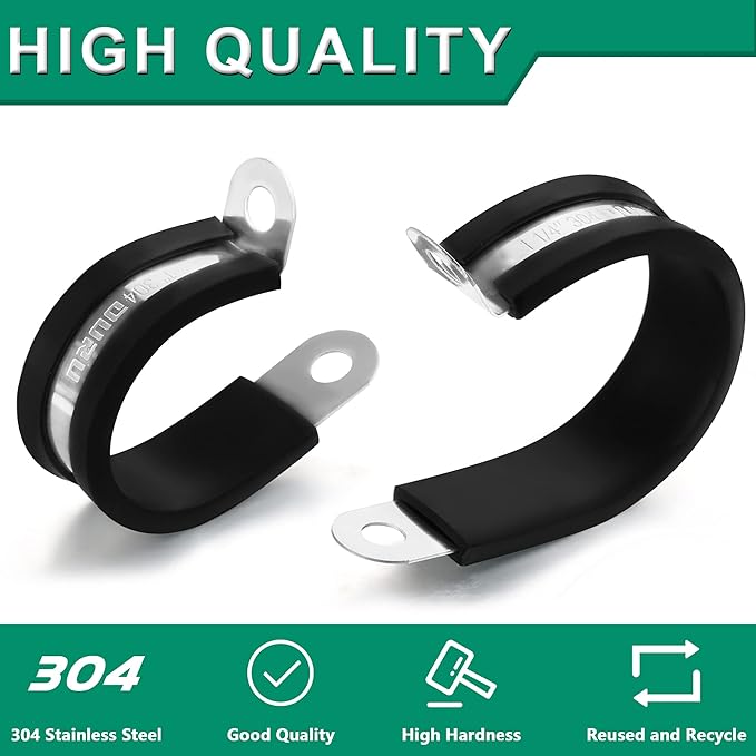 OURU 100PCS Cable Clamps 1/4 Inch 304 Stainless Steel Cable Clamps Rubber Coated Cushioned Insulated Cable Clamp,Automotive Wire Clamps,Pipe Clamps,Metal Clamp for Tube,Wire Cord Installation(6mm)