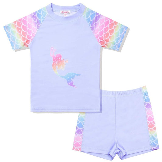 Girls Rash Guard Swimwear Mermaid Swimsuits 2-Piece Short Sleeve Swimwear