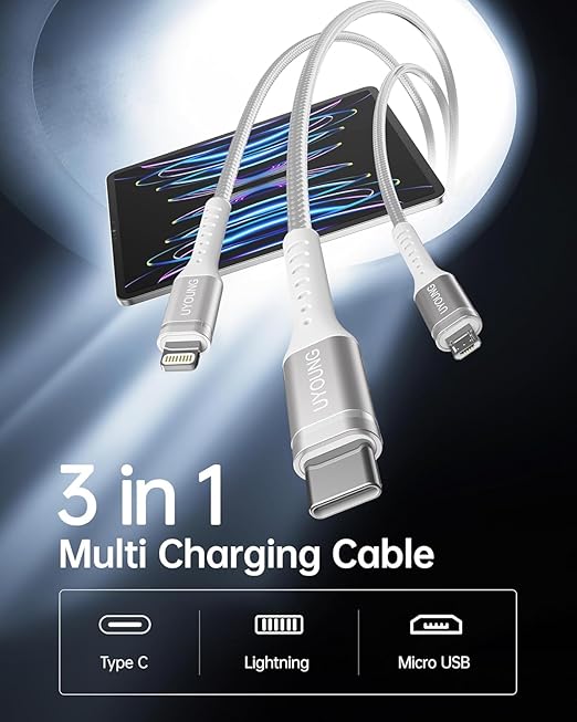 Short Multi Charging Cable 1FT 2Pack 3 in 1 Charger Cord Braided Universal Phone Cords with Lightning/Type C/Micro USB Connectors, Multiple USB Cable for iPhone/Samsung/Google Cell Phones and More
