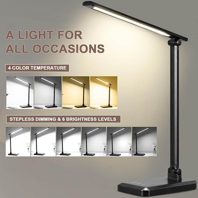 MACASA LED Desk Lamp with USB Charging Port Whole White for Home Office Essentials Table Lamp with Eye-Caring 4 Color Temperature Touch Control Stepless Dimming Desk Light for College Dorm