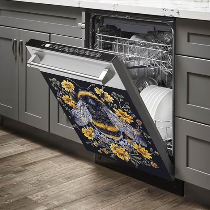 Flower and Bee Painting Dishwasher Magnet Cover Sticekr,Refrigerator Magnet Cover Decal Fridge Microwave Stickers Kitchen Decor,23W x 26H inchs