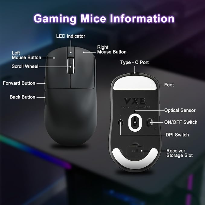 MIKIBY R1 SE+ Gaming Mouse, 18000 DPI, High-Precision PAW3395 SE Sensor,55g Lightweight, Tri-Mode 2.4G/BT5.0/USB-C Mouse, Programmable Ergonomic Mouse for Laptops/PC/Mac (Black)