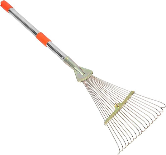 Homoyoyo 18-Tooth Retractable Garden Rake with Stainless Steel Handle, Adjustable Lawn Tool for Leaf Removal and Yard Cleaning, Compact Metal Rake Suitable for Gardening and Lawn Care