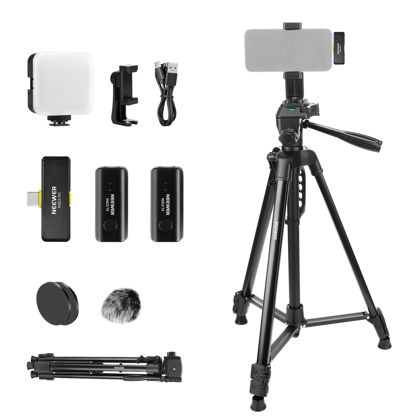 NEEWER Basics PA056 Vlogging Kit for iPhone Android Phone for YouTube TikTok Streaming Filmmaking Video Recording, Tripod + Microphone + LED Fill Light, Youtuber Starter Content Creator Essentials