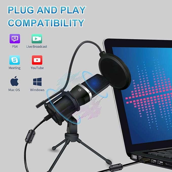 YOTOMIGUO USB Gaming Microphone, Condenser Microphone, Podcast Microphone for PC, Plug & Play, Cardioid Polar Pattern, One-Touch Mute, for Streaming, Podcast, YouTube Videos