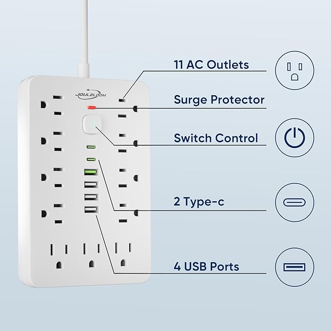 JouleLoom 5 FT Flat Plug Surge Protector Power Strip,11 Multiple AC Outlets with 6 USB Ports (2 USB C), 5 Feet Extension Cord, 1250W/10A, One Touch Switch Button, 17 in 1 Compact powerstrip-White