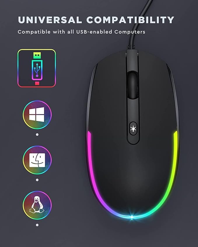 seenda Wired Mouse - USB Corded Mouse with Colorful RGB Backlit, Plug and Play, 1600 DPI Optical Tracking，Silent Computer Mouse for Laptop, PC, Chromebook, Desktop, Office, School, Home, Black