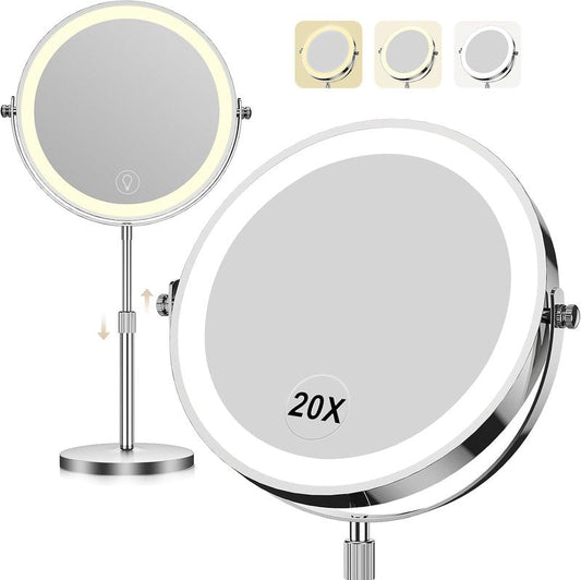 Dienmern Makeup Mirror with Lights, 1X/20X Double-Sided Magnifying Vanity Mirror, 360° Rotation, 5000mAh Rechargeable Adjustable Brightness with 3 Colors for Dorm, Living Room, Women Gift