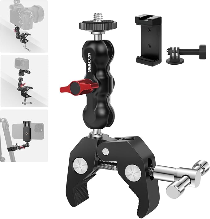 Mechrig Camera Clamp Mount with Dual Ballhead Magic Arm, Aluminum Camera Mount Super Clamp Kit for DSLR Action Camera/Phone/Monitor/LED Light/Microphone, for Desk/Tripod/Tube/Crossbar (SY001)