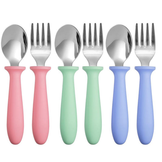 Pimoys 6 Pieces Toddler Utensils Forks and Spoons,Kids Silverware Set with Plastic Handle Stainless Steel Toddler Silverware,Dishwasher Safe