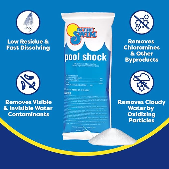 In The Swim Shock and Chlorine Bundle for Sanitizing Swimming Pools – Includes 12 x 1 Pound Bags of 68% Cal-Hypo Pool Shock and 25 Pound Bucket of 3 Inch Stabilized Chlorine Tablets
