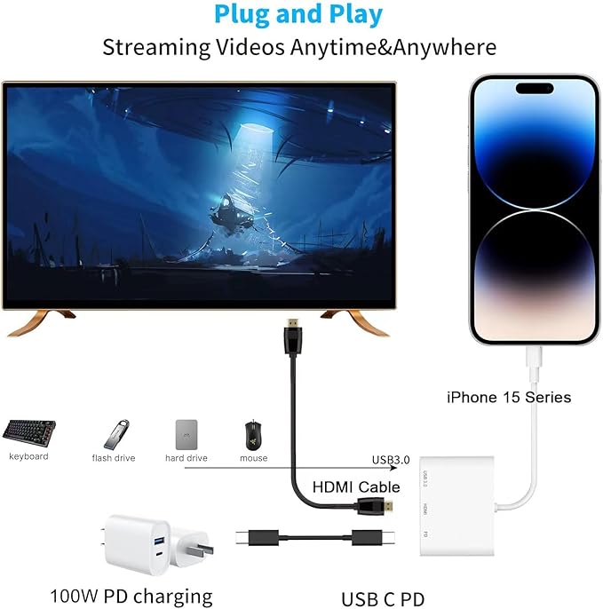 USB-C Digital AV Multiport Adapter, 4K@60Hz, 3-in-1 USB C to HDTV Adapter, 100W PD Charging and USB 3.1 Port, USB C Hub Compatible with iPhone 16/15, iPad Pro, MacBook, Samsung