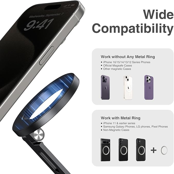 elitehood Magsafe Tripod Mount with Cold Shoe & Arca Port & 1/4" Thread, Aluminum Magnetic iPhone Tripod Mount Adapter for Camera, Adjustable Camera Phone Holder Attachment for iPhone & Smartphone