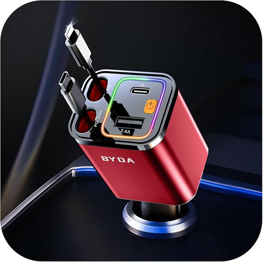 4 in 1 Retractable Car Charger,69W USB-C Fast Car Charger, for iPhone16/15/14/13/12,Cigarette Lighter Charger (Grey, for Apple+Type C &RGB Breathing Light [Red])