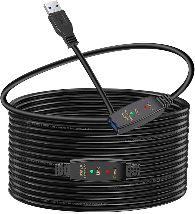 LDKCOK 50ft Active USB 3.0 Extension Cable, USB Type A Male to Female Extender Cord with Dual Signal Boosters and 5V/2A Power Port, 5Gbps Data Sync, Compatible with VR Headsets, Webcams, Hard Drives