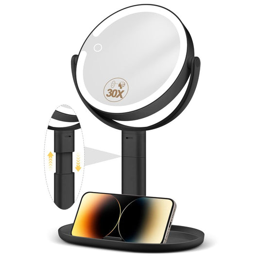 MOMOKUBA Makeup Mirror with Lights, 30X Magnifying & Height Adjustable, Lighted Magnifying Mirror with 3 Light Modes & Stepless Dimming, Vanity Mirrors for Bathroom, Birthday Gift for Women, Rosegold