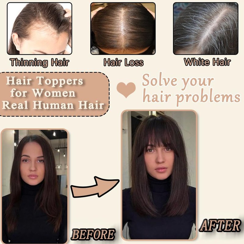 HVVZOY Hair Toppers for Women Real Human Hair, 360° 3D Real Human Hair Toppers for Women with Thinning Hair Clip in Bangs Big Coverage 12 Inch Hairpieces (Gray02, 3D Wispy Bangs 10x11)