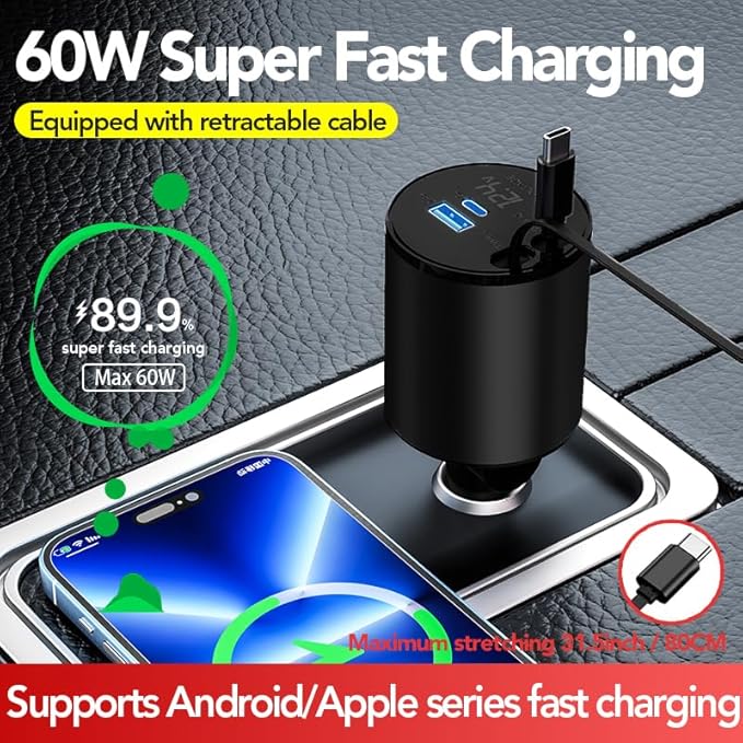 Retractable Car Charger, 4 in 1 Super Fast Car Phone Charger 60W, 2 Retractable Cables and 2 USB Ports Car Charger Adapter,Compatible with iPhone 17/16/15/14/13/12/11,Air-Pods Pro 3/4,Galaxy,Pixel