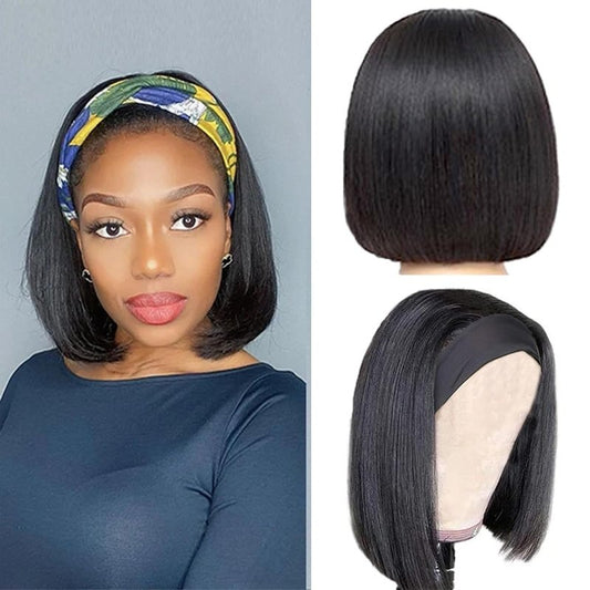 Kislemon Headband Bob Wig Human Hair Glueless Short Straight Bob Wigs Human Hair For Black Women 150% Density None Front Lace Brazilian Virgin Human Hair Wigs 8 Inch