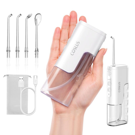 COSLUS T40 Mini Water Flosser for Travel: Portable Compact Design, Cordless Oral Irrigator with 4 Jet Tips Storable, IPX7 Waterproof for Braces, Orthodontic, Sensitive Gums Outing & Home, White