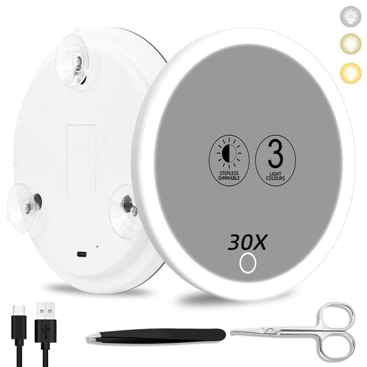 Suupvaor 30x Magnifying Mirror with Light, 3 Color Modes, Dimmable, Rechargeable, 6" Viewing Area, 3 Suction Cups, Travel Makeup Mirror, High Magnification, Includes Tweezers & Scissors