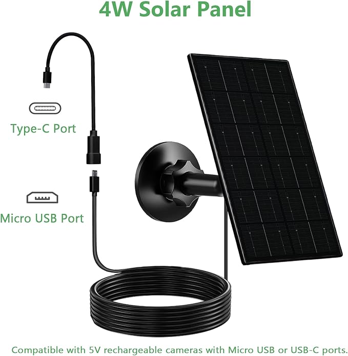 Zivif Solar Panel for Security Camera, 4W Solar Charger with Micro USB/USB-C Plug with Rechargeable Battery Cameras, IP65 Waterproof, 360° Adjustable Mount & 9.8ft Cable, 1 Pack
