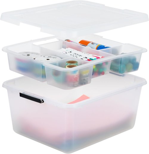 IRIS USA 18 QT Clear Storage Organizer - Stackable Plastic Box with Removable Dividers for Crafts & Office