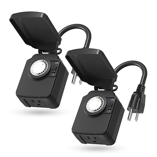 BN-LINK 24 Hour Heavy Duty Mechanical Timer, Outdoor Timer Outlet Waterproof with 30 Minutes Intervals, 1 Grounded Outlets for Christmas Lights Pool Pump,15A 1/2HP, ETL Listed（2 Pack）