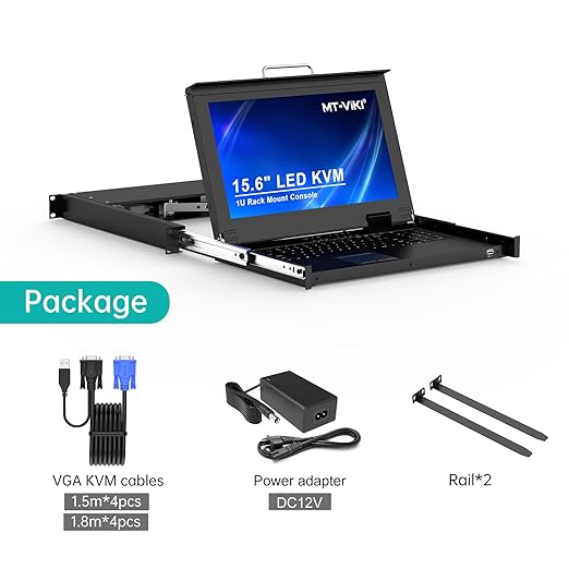 MT-VIKI Rack Mount KVM w/15.6" LCD Monitor, 8 Port VGA KVM Switch, 1080@60Hz 1U Integrated Monitor Keyboard, Fits 18.9" to 31.5" Deep Racks (480-800mm), Included 8 Cables for Server Room, Data Center