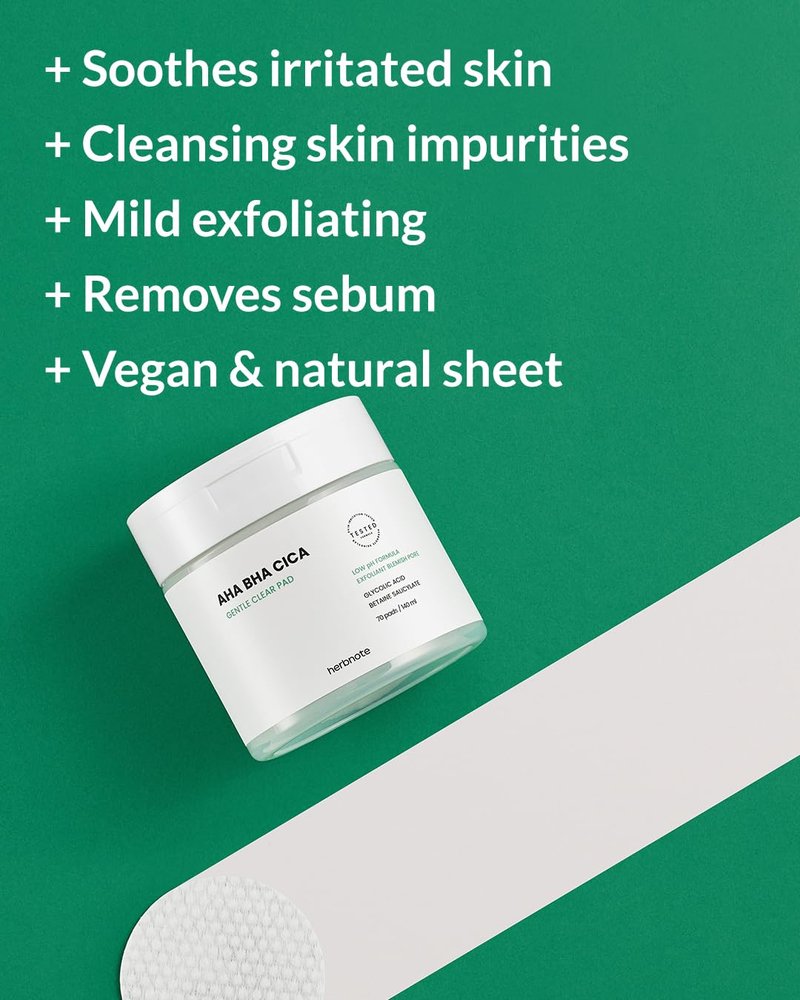 HERBNOTE AHA BHA Cica Gentle Clear Pad - Facial Exfoliating Pad for Dead Skin Cell Care, pH Balancing & Sebum Control, Tighten Large Pores, Calm Sensitive Skin, & Moisturize Dry, Flaky Skin, 70 Sheets