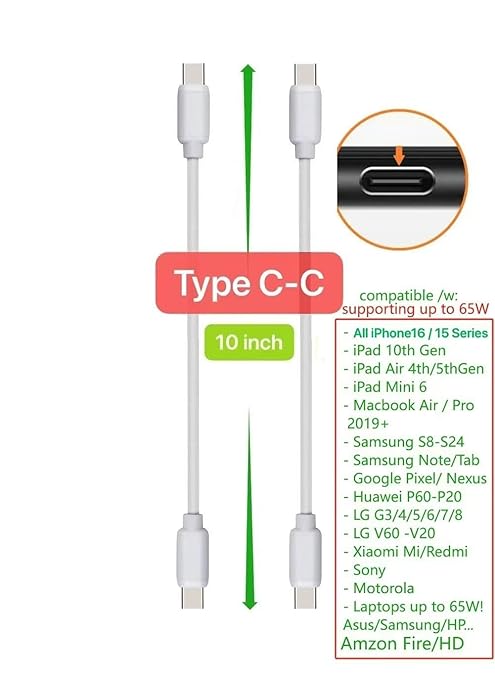 JuSoFU 10-Pack Multi Short USB Cables & TypeC-C Cables for Charging Stations Compatible/w iPhone17,16,15, iPhone5-14/ iPads/iPad mini/iPad Pros/Samsung Moblies & Tablets/Pixel & Nexus/HTC/Sony(White)