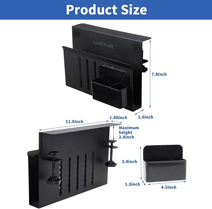 LUKETURE Laptop Holder, Steel Desk Side Storage, No Drill Standing Desk Accessories, Laptop Mount with Pen Holder, Back to School Supplies, Fits Flat Edge Tables 0.3" to 2.8" (Black, M(1 Tier))