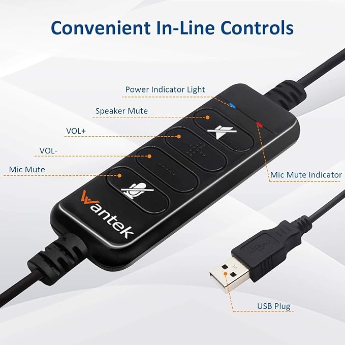 Wantek USB Headset with Microphone Noise Cancelling & Audio Controls, Computer Headphones for PC Laptop, Business, Home Office, Call Center, Skype, Zoom, Webinar, Clear Chat, Super Light,Single