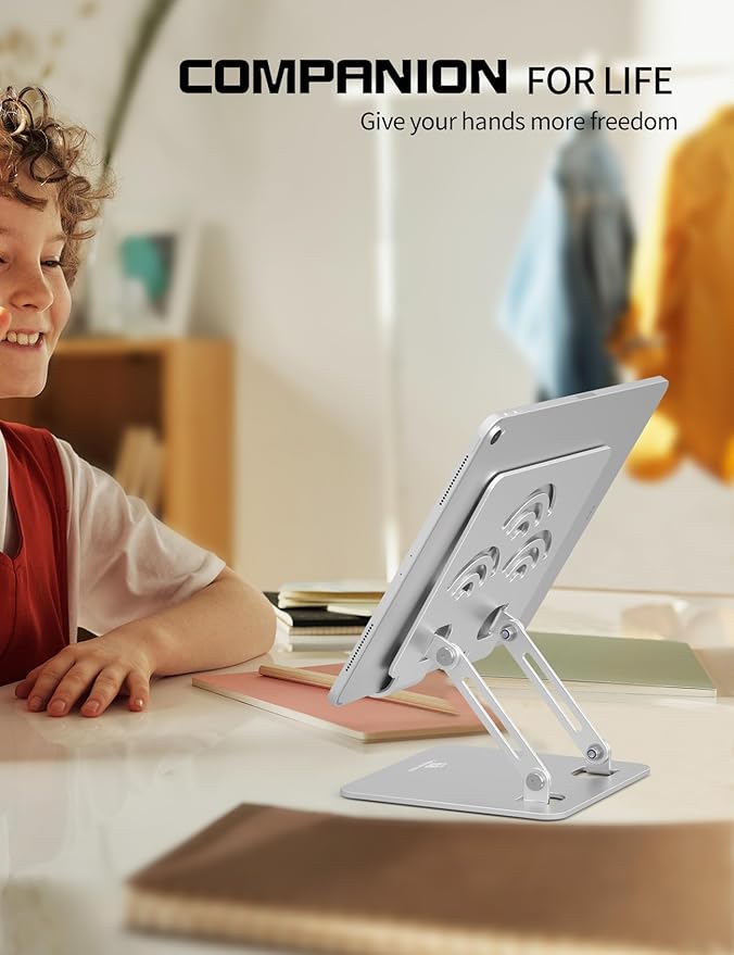 ToBeoneer Tablet Stand, Adjustable Tablet Holder for Desk, Premium Aluminum Portable Holder for iPads, Kindle, Switch, and Smartphones, Fits 4-12" Devices Silver, Pro Size