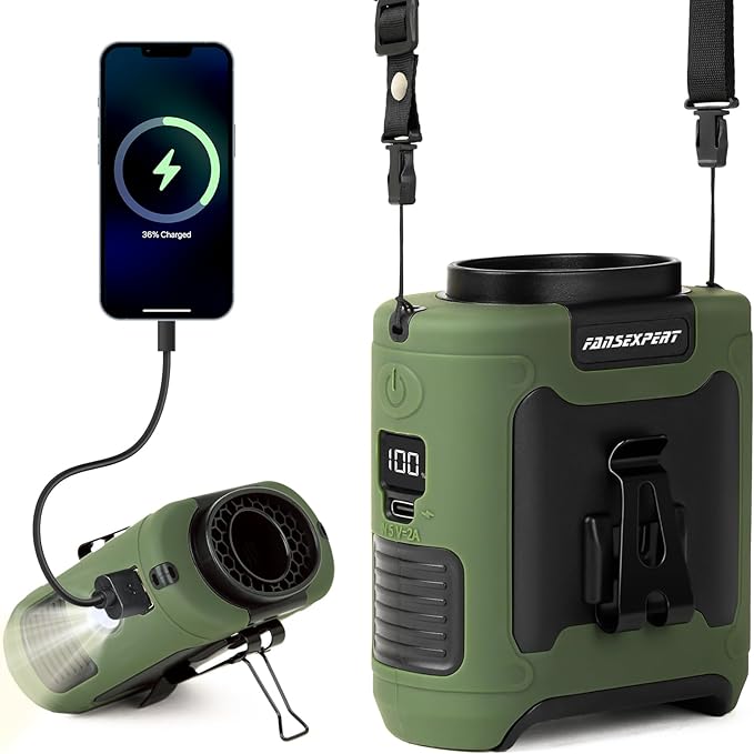 FANSEXPERT Portable Waist Fan Clip on, Personal Wearable Belt Fan 10000mAh Rechargeable Battery Under Shirt,5 Speeds with light, Neck Fan Hands-Free Cooling For Outdoor Camping Travel (Green)
