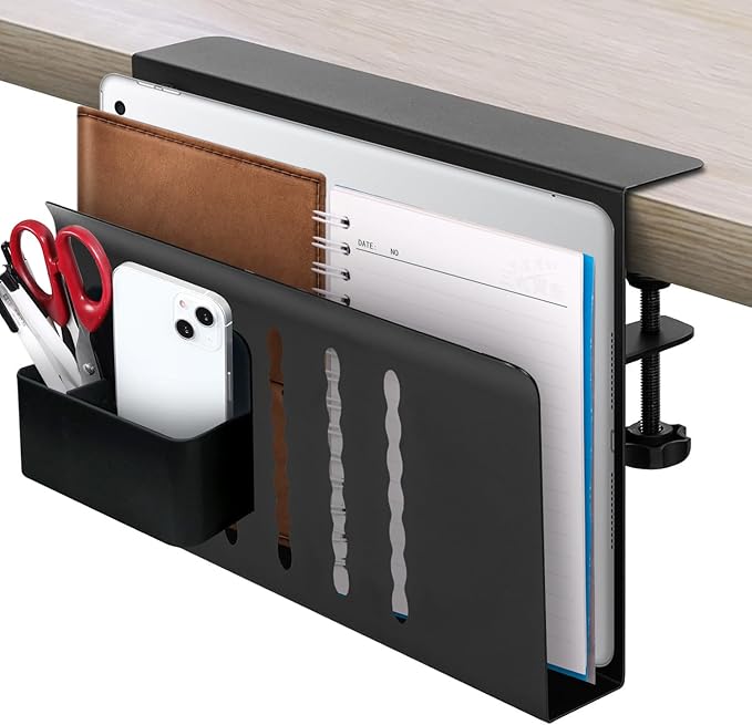 osseph Desk Side Storage Organizer, Under Desk Laptop Holder with Magnetic Pen Holder, No Drill Hanging Desk Caddy for Office & Home, Clamp On Desk Shelf for Tablet, Files, Accessories (Black)