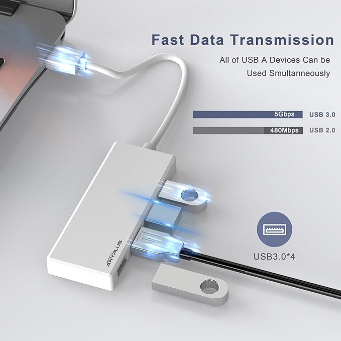 ANYPLUS USB 3.0 Hub, Portable Slim USB Hub Adapter, 0.8 ft Multiple USB Splitter, USB Extender for PC, Laptop, iMac, Surface Pro, MacBook, Mac Pro, Flash Drive, XPS, Mouse, HDD【White】