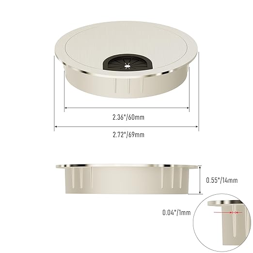 Skweawert 2 Pack Desk Grommet 2-3/8 Inch 60mm, Zinc Alloy Computer Desk Wire Hole Cover, Office Desktop Cord Cable Hole Metal Ring, Brushed Silver