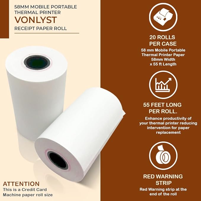 Vonlyst Receipt Paper Roll for 58mm Mobile Portable Thermal Printer (Pack 20 rolls)