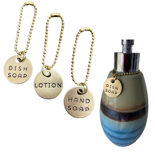 Top Shelf Tags 3 Piece Soap Dispenser Labels - Hand, Dish & Lotion Bottle Tag Set - Hand-Stamped Brass or Aluminum - Guest Bathroom & Kitchen Organization - Silver or Gold Color (Gold (Brass))