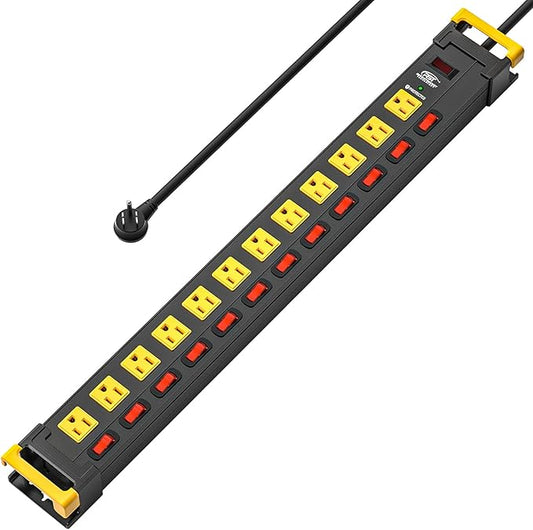 CRST 12-Outlet Heavy Duty Metal Power Strip with Individual Switches, Wide Spacing for Bulky Plugs, 9FTCord with Cable Management, 1020J Surge Protector for Garage, Workshop, Home (15A/1875W)