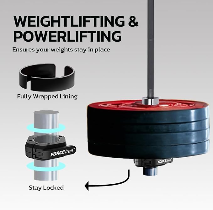 Forcefree+ Barbell Clips (Pair), Barbell Clamps, Quick Release Olympic Barbell Clamps with Anti Slip TPR Grip, Barbell Collars for Secure Weightlifting & Powerlifting (Non Magnetic, Black)