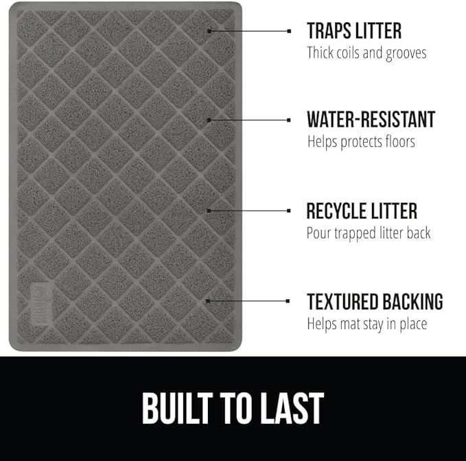 GORILLA GRIP Cat Litter Box Mat, 32x32, Water Resistant, US Designed Kitty Litter Trapping Mats, Easy to Clean, Scatter Control, Less Mess and Clean Floors, Kitten Supplies for Indoor Cats, Grey