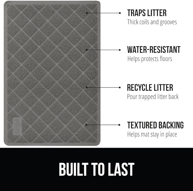 GORILLA GRIP Cat Litter Box Mat, Water Resistant, US Designed Kitty Litter Trapping Mats, Easy to Clean, Scatter Control, Less Mess and Clean Floors, Kitten Supplies for Indoor Cats, 17x11 Grey