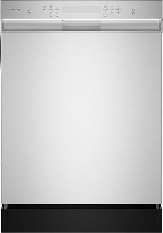 Sharp SDW6504MS Stainless Steel Dishwasher, 24-inch Pocket Handle, 52 dB, Hybrid Tub, 12 Place Settings, 5 Cycles, Heated Dry