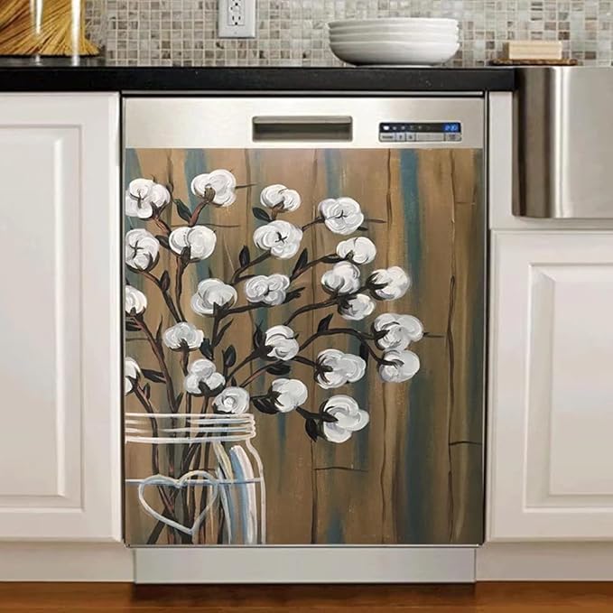 Bless Family Dishwasher Cover Floral Sticker Kitchen Decor,Cotton Bolls Painting Fridge Magnetic,Flower Vase Refrigerator Magnets Decal,Appliance Magnetic Panel 23"x17"