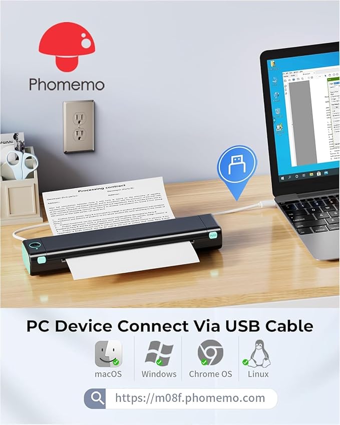 Phomemo Portable Printers Wireless for Travel, M08F Thermal Bluetooth Printer Support for 8.5"x11" US Letter, Small Inkless Printer Compatible with iOS, Android, Laptop for Car, Office, Home