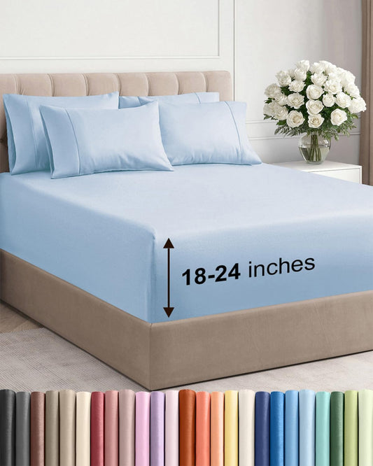 Skiennix Extra Deep Cal King Sheet Set - 6 Piece Breathable Cooling Bedding - Soft Wrinkle-Free Sky Blue