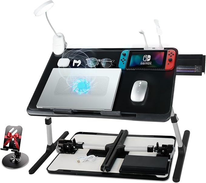 iXTRA Laptop Lap Desk Include Cooling Fan,Adjustable Lap Desk with Light Fan,Folding Laptop Desk for Bed with USB,Bed Desk with Storage Drawer 56 * 32cm,Black